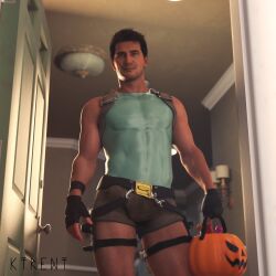 1boy 1human 1male 3d 3d_(artwork) 3d_model blue_eyes brown_hair halloween halloween_costume ktrent lara_croft_(cosplay) looking_at_viewer looking_down_at_viewer male_focus male_only muscular nathan_drake naughty_dog solo solo_focus solo_male uncharted uncharted_4