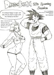 android_18 big_ass big_booty big_breasts big_butt blonde_hair blue_eyes cheating_wife comic comic_cover dantheman dragon_ball dragon_ball_(series) dragon_ball_z english_text female fit_female male muscular muscular_male ntr seductive_look skimpy_clothes skimpy_outfit son_goku thewritefiction