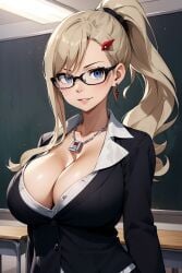 1girls ai_generated blonde_hair cleavage edens_zero female female_only glasses large_breasts looking_at_viewer ponytail rebecca_bluegarden solo standing teacher teacher_outfit