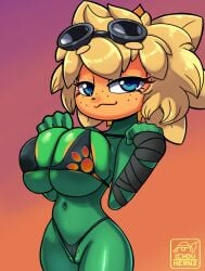 big_breasts big_eyes bikini blue_eyes green_body ichduhernz petite plants_vs_zombies plants_vs_zombies:_heroes seductive seductive_smile solar_flare_(pvz) tagme