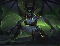 armor blindfold blizzard_entertainment claws crouching demon demon_hunter demon_hunter_(warcraft) demon_wings elf female female_only hooves horns loincloth night_elf nyuunzi solo tattoo warcraft wings