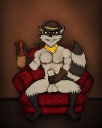 absurd_res alcohol anthro anthro_only balls beverage bodily_fluids body_hair clothing cowboy cowboy_hat drunk foreskin furniture genital_fluids genitals hat headgear headwear hi_res liquor male male_only mammal mckodimus penis precum procyonid raccoon sitting sly_cooper_(series) sofa solo sony_corporation sony_interactive_entertainment substance_intoxication sucker_punch_productions tennessee_kid_cooper