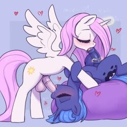 absurd_res alicorn animal_genitalia animal_penis balls blue_body blue_hair blush closed_eyes duo equid equine equine_genitalia equine_penis eyelashes feathered_wings feathers fellatio feral friendship_is_magic ftg_crossgender fti_crossgender genitals gynomorph gynomorph/gynomorph gynomorph_penetrated gynomorph_penetrating hair hasbro heart_symbol hi_res horn intersex intersex/intersex intersex_penetrated intersex_penetrating magicjob mammal my_little_pony mythological_creature mythological_equine mythology oral penetration penile penis pink_hair princess_celestia_(mlp) princess_luna_(mlp) quadruped rule_63 sex sibling_(lore) side_view sister_(lore) sisters_(lore) t72b tail thick_thighs tongue tongue_out white_body wings