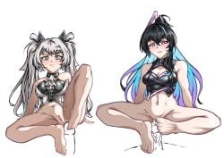 2boys 2girls black_hair bottomless feet footjob luna_(punishing:_gray_raven) medium_breasts neon_hair penis punishing:_gray_raven purple_eyes pussy selena_(punishing:_gray_raven) toes twintails white_eyes white_hair