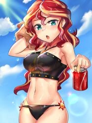 1girls aqua_eyes belly big_breasts bikini black_swimsuit blonde_hair breasts cleavage equestria_girls erect_nipples female friendship_is_magic holding_can iojknmiojknm large_breasts long_hair looking_at_viewer multicolored_hair my_little_pony navel red_hair sunset_shimmer tight_swimsuit towel voluptuous wet