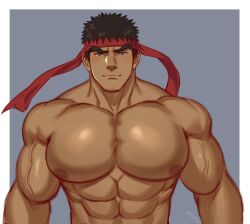 1boy abs bara biceps blush capcom k_sen212 looking_at_viewer male male_nipples male_only muscular_male nipples pecs ryu_(street_fighter) street_fighter