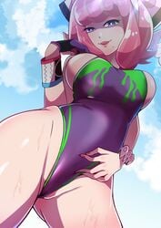 1girls big_breasts female hair_ribbon hat klara_(pokemon) large_breasts lips looking_at_viewer looking_down nintendo osusowake pale-skinned_female pale_skin pink_hair pokemon pokemon_ss pokemon_ss_isle_of_armor purple_eyes swimsuit