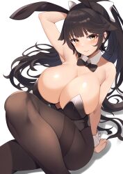 absurdres alternate_costume animal_ears arm_support arm_up armpits azur_lane bare_shoulders black_hair black_leotard black_pantyhose bow bowtie breasts detached_collar extra_ears fake_animal_ears female hair_ears hair_flaps hairbow highres huge_breasts igarashi_gozo knee_up leotard pantyhose playboy_bunny ponytail rabbit_ears ribbon sitting smile strapless strapless_leotard takao_(azur_lane) traditional_bowtie white_background white_ribbon wrist_cuffs