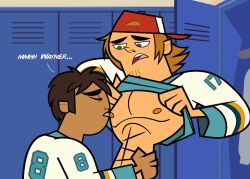 2boys gay illustration lad lifting_shirt locker locker_room male male/male male_only muscular muscular_male nipples raj_(tdi) sucking_nipples tdda19 text total_drama_island total_drama_island_(2023) wayne_(tdi) yaoi