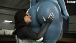 2girls 3d asari ass ass_focus ass_worship banap black_hair blue_body blue_skin clothed clothed_female clothed_female_nude_female dialogue fat_ass head_on_ass imminent_anilingus imminent_rimming mass_effect miranda_lawson multiple_girls naked naked_female nude nude_female nude_female_clothed_female text