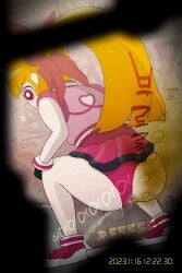 absurdres anus anus_peek ass bare_hips bare_legs bent_knees blossom_(powerpuff_girls) bow dirty dirty_ass exposed_ass fart fart_cloud farting female ginger_hair highres hips huge_ass indoors large_ass legs long_hair lying momoko_akatsutsumi on_back panties panties_aside peeing pink_bow pink_eyes pink_panties pink_shoes pink_skirt pink_vest ponytail powerpuff_girls powerpuff_girls_z red_hair restroom round_ass shoes skirt sleeveless smell spying stinky stinky_ass superheroine tied_hair underwear urinal urine