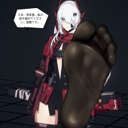 1girls armor dialogue feet foot_fetish foot_focus fully_clothed hair_over_one_eye lucia_(punishing:_gray_raven) punishing:_gray_raven red_eyes robot_girl solo standing thighhighs white_hair