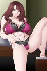 1girls aslindsamure black_bra black_panties bra breasts brown_hair dorothea_arnault feet female_only fire_emblem fire_emblem:_three_houses green_eyes large_breasts light-skinned_female lingerie looking_at_viewer nintendo panties pink_bra pink_panties smile thick_thighs thighs underwear