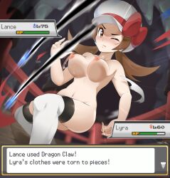 1girls abs absurdres ass breasts brown_eyes brown_hair clothed competitive_intercourse competitive_sex english_text female female_only game_freak gameplay_mechanics health_bar highres hud human kim_da-yoon lance_(pokemon) lyra_(pokemon) nintendo nipples nude philipposter pokemon pokemon_battle pokemon_hgss sexfight straight text text_box text_focus translated twintails wide_hips