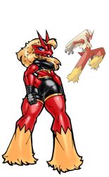 2023 anthro ass athletic athletic_female avian big_breasts bird blaziken blue_eyes breasts clothed clothed_female female female female_only furry game_freak looking_back muscular muscular_anthro muscular_female nintendo pokémon_(species) pokemon pokemon pokemon_(species) red_body red_fur solls0ll sports_bra sports_shorts sportswear tail tail_tuft thick_ass thick_thighs thighs white_background yellow_sclera