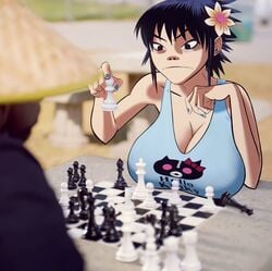 big_breasts black_hair breasts busty cleavage edit gorillaz hourglass_figure large_breasts monkeyman_(artist) noodle_(gorillaz) noodle_(humility) short_hair tagme wide_hips