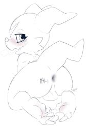 anthro anus ass backsack balls bandai_namco digimon digimon_(species) genitals hi_res horn line_art male presenting presenting_anus scalie solo tally_marks tbid veemon