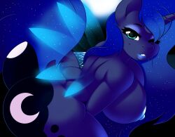 2018 alicorn anthro ass big_ass big_breasts blue_body blue_eyes blue_hair blue_skin breasts cutie_mark equid equine female friendship_is_magic hair hasbro kloudmutt long_hair my_little_pony princess_luna_(mlp) solo wings wink