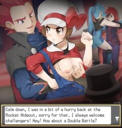 2boys 2girls absurdres breast_grab breasts breasts_out brown_eyes brown_hair bulge champion clair_(pokemon) clothed clothes_lift english_text female fondling_breast game_freak gameplay_mechanics grabbing grabbing_from_behind groping gym_leader health_bar highres hud human human_only imminent_rape imminent_sex kim_da-yoon lance_(pokemon) lyra_(pokemon) male medium_breasts multiple_boys multiple_girls nintendo nipples no_bra philipposter pokemon pokemon_battle pokemon_gsc pokemon_hgss pokemon_rgby shirt_lift shirt_up silver_(pokemon) small_breasts straight text text_box text_focus translated twintails watermark