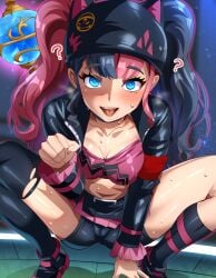 1girls 2024 black_hair blue_eyes breasts female female_only hat headgear highres jacket light-skinned_female light_skin magukappu medium_breasts multicolored_hair pal_sphere palworld pink_hair shoes squatting sweat sweatdrop tongue tongue_out twintails two_tone_hair zoe_rayne