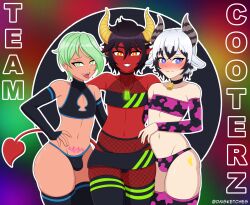 3boys black_hair bulge chin_piercing choker cow_bell cow_boy cow_print cow_print_thighhighs cowbell dm_(dmdemon) dmdemon femboy fishnet_legwear fishnet_stockings fishnet_topwear fishnets green_hair horns indie_virtual_youtuber multicolored_hair multiple_boys piercings pubic_tattoo thick_thighs thighhighs tongue_out tongue_piercing virtual_youtuber vtuber white_hair widescreen