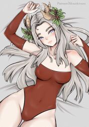 1girls alternate_costume breasts christmas edelgard_von_hresvelg edelgard_von_hresvelg_(snowfall_future) female female_only fire_emblem fire_emblem:_three_houses fire_emblem_heroes firearm grey_hair high-angle_view looking_at_viewer medium_breasts mourderousx nintendo purple_eyes solo thighs