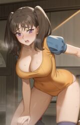 ai_generated blush breasts diane_(nanatsu_no_taizai) leaning_forward looking_at_viewer nanatsu_no_taizai orange_leotard ponytail purple_hair steam sweat thighs trompitpro