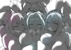 3girls aradia_ravencroft big_breasts breasts closed_eyes demon_horns handlebars hololive hololive_english hololive_english_-advent- horn_grab horns malpha_ravencroft mature_female mole mole_under_eye multiple_boys nerissa_ravencroft older_sister open_mouth redi_(rasec_asdjh) sisters virtual_youtuber