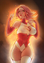 big_breasts cameltoe dota_2 female female_only heart_cutout highres lina nipple_piercing nipples nipples_visible_through_clothing pinup pokies see-through_bra see-through_clothing sh1sha solo solo_female thick_thighs thighhighs