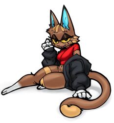 2023 animal_crossing anthro blue_inner_ear bottomless bottomless_female breasts brown_fur cat_ears cat_tail catgirl clothing coat_removed exposed_thighs fangs feline feline_humanoid female female female_only furry implied_bottomless katt_(animal_crossing) looking_at_viewer lying_on_ground nintendo sitting_on_ground solls0ll tagme thick_thighs thighs topwear topwear_only white_background yellow_sclera