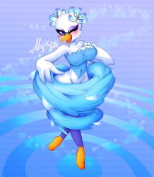 alyrise ballerina beak bird blue_eyes blush eyeshadow female fleurina flower_on_head furry innie_belly_button kirby_(series) large_ass large_breasts smile solo tiptoes white_body wide_hips