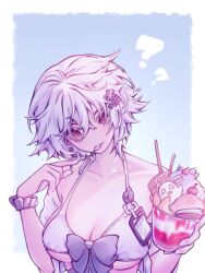 alternate_costume big_breasts bikini canon_genderswap cleavage dutchhimmel elizabeth_(gintama) female female_only food genderswap_(mtf) ginko_sakata gintama gintoki_sakata hair_between_eyes hair_ornament hairclip ice_cream looking_at_viewer messy_hair red_eyes rule_63 short_hair solo spoon_in_mouth swimsuit underboob upper_body white_bikini white_hair wrist_scrunchie