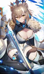 breasts cleavage hazumi_aileen knight lion_ears lion_girl lioness mole_on_breast short_hair sword virtual_youtuber