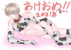 2021 alternate_costume blue_eyes blush brown_hair chinese_zodiac collar cow_boy cow_ears cow_horns cow_print cow_print_armwear cow_print_thighhighs cowbell crop_top elbow_gloves expressionless femboy gintama gloves light_brown_hair male male_only muscular new_year okita_sougo on_side pale-skinned_male pale_skin panties solo thighhighs tsuki_gntm2 year_of_the_ox