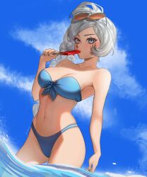 1girls blue_eyes firelordzuu rwby swimsuit weiss_schnee white_hair