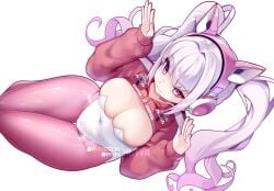 1girls adapted_costume alice_(nikke) bodysuit breasts bunny_ears bunnysuit cleavage female female_only from_above fully_clothed goddess_of_victory:_nikke hotvr large_breasts leotard light-skinned_female light_skin long_hair looking_at_viewer lying naughty_face on_floor pantyhose pink_eyes sitting solo thick_thighs thigh_gap twintails white_background white_hair wide_hips