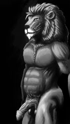 9:16 anthro balls black_sclera chest_tuft felid feline fur genitals greyscale hi_res lion male male_only mammal mane monochrome multicolored_body multicolored_fur musclegut muscular muscular_anthro muscular_male nude pantherine penile_spines penis portrait pubes simple_background sinwhisper solo standing story story_in_description tuft two_tone_body two_tone_fur vascular_penis vein veiny_penis