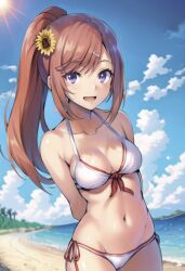 1girls ai_generated anhs_student arms_behind_back ashaina_nazuna beach_background belly_button classroom_of_the_elite clouds collarbone female flower_in_hair hair_pin looking_at_viewer ocean open_mouth orange_hair ponytail posing_for_the_viewer pov_eye_contact purple_eyes sand schoolgirl stomach sun_rays white_bikini white_bikini_bottom white_bikini_top wsax