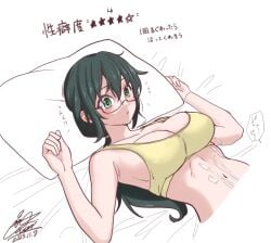 bed breasts cleavage collarbone cototiworld cum cum_on_body cum_on_stomach dated female glasses green_eyes green_hair highres large_breasts long_hair lying navel on_back on_bed parted_lips pillow signature simple_background solo sports_bra tessou_tsuzuri to_aru_kagaku_no_railgun to_aru_majutsu_no_index translation_request white_background yellow_sports_bra