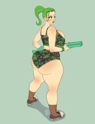 1girls army_men big_ass camouflage clothed fat_ass female green_hair large_ass non-nude ponytail shorts solo vikki_grimm wayo