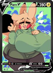 big_breasts closed_eyes dork_boi green_shirt lewd_dorky milf nintendo open_mouth pam_thunder pants pikachu pokemon pokemon_(species) smile wide_hips