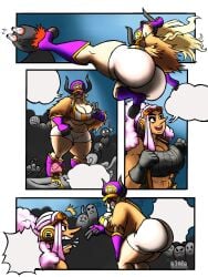 angry comic_page female female_only fight fusion giantess huge_ass ivanpanced_(artist) kick kicking long_nose mei_hatsume mount_lady my_hero_academia no_text one_piece short_shorts shouting tony_tony_chopper underboob usopp v_sign