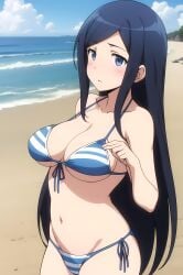 1girls ai_generated aragaki_ayase beach bikini black_hair blue_eyes large_breasts long_hair navel ore_no_imouto_ga_konna_ni_kawaii_wake_ga_nai standing striped_bikini