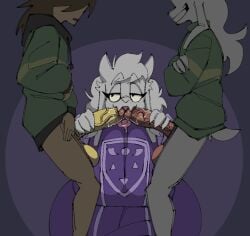 1girls 2boys 2d asriel_dreemurr big_ass big_breasts boss_monster deltarune double_barrel_blowjob double_barrel_fellatio double_fellatio dress female furry garbageboxxxed huge_ass huge_breasts human humanoid incest kris_(deltarune) male mother_and_son sex tagme thick threesome toriel undertale undertale_(series)