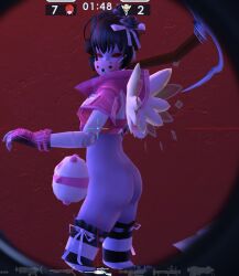 ass ass_focus bottomless crosshair curvy curvy_body curvy_female curvy_figure dark_hair female female_focus female_only figure figurine gloves goth goth_girl jacket looking_at_viewer mask microvolts night panda pandora_(microvolts) partially_clothed partially_clothed_female pink_skin plushie pov purple_skin red_eyes ribbons screencap screenshot_edit sniper striped_legwear striped_thighhighs weapon wings