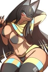 anthro anubis anubis_(pal) ass big_ass big_breasts big_thighs black_hair blue_eyes blush blushing breasts covered_nipples female female_only fully_clothed fur furry huge_ass huge_breasts huge_thighs long_hair pal_(species) palworld panties sk3tchk4t solo suggestive tagme thick_hips thick_thighs thighhighs thighs voluptuous