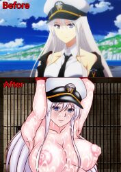 1boy 1girls aje armpits arms_up azur_lane before_and_after big_breasts blue_eyes breasts broken_rape_victim captured cell cum cum_on_body edit empty_eyes enterprise_(azur_lane) hair_between_breasts lactating lactation large_breasts long_hair looking_at_viewer looking_pleasured military_hat mind_break netorare ntr on_top pregnant pregnant_belly pregnant_female pregnant_sex white_hair