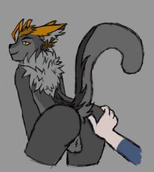 anthro anus aroused ass ball_tuft balls blonde_hair brown_hair butt_grab clothed clothing domestic_cat duo felid feline felis fur genitals grey_body grey_fur hair hand_on_butt jaycemutt low_res male male/male mammal neck_tuft nemejchyk nemejchyk_(artist) orange_hair paws pinup pose smile spread_butt spreading tail_under_skirt tail_upskirt tuft upskirt white_paws yellow_eyes