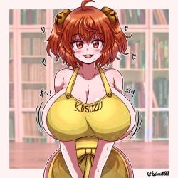 1girls ahoge alternate_version_available apron artist_name big_breasts blush bookshelf breasts cleavage heart japanese_text kosuzu_motoori light-skinned_female motion_lines open_mouth red_eyes red_hair revealing_clothes seireiart sideboob solo solo_female sweat text text_on_clothing thick_thighs thighs touhou twintails watermark white_background