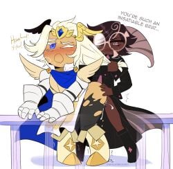 2boys 4_fingers anal anal_sex annoyed armor balcony black_pants blonde_hair blush bottomless bottomless_male clothed clothed_male clothed_sex clothing coat cookie cookie_run cookie_run_kingdom cum cum_inside dark-skinned_male dark_skin dominant_male drooling espresso_cookie femboy femboy_on_femboy fingers gay gay_male gay_sex glasses grabbing_hair hair_grab hair_ornament hair_pull hair_pulling interracial knees_together_feet_apart long_hair long_hair_male madeleine_cookie male male/male male_only male_penetrated male_penetrating male_penetrating_male maledom malesub open_mouth pants pulling_hair sex sex_from_behind short_hair submissive_male sweat torn_clothes torn_clothing torn_pants unknown_artist yaoi